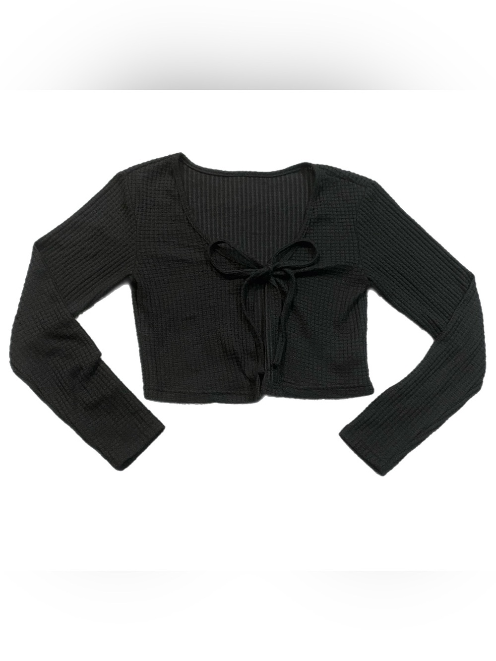 Women’s Cropped bow tie shrug cardigan black waffle knit size M
